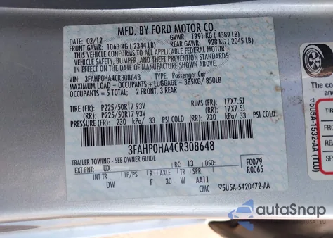 2012 Ford Fusion Se from USA, damaged, VIN 3FAHP0HA4CR308648